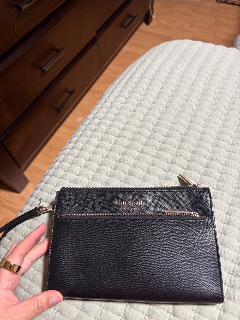 kate spade black leather wristlet clutch with gold-tone hardware